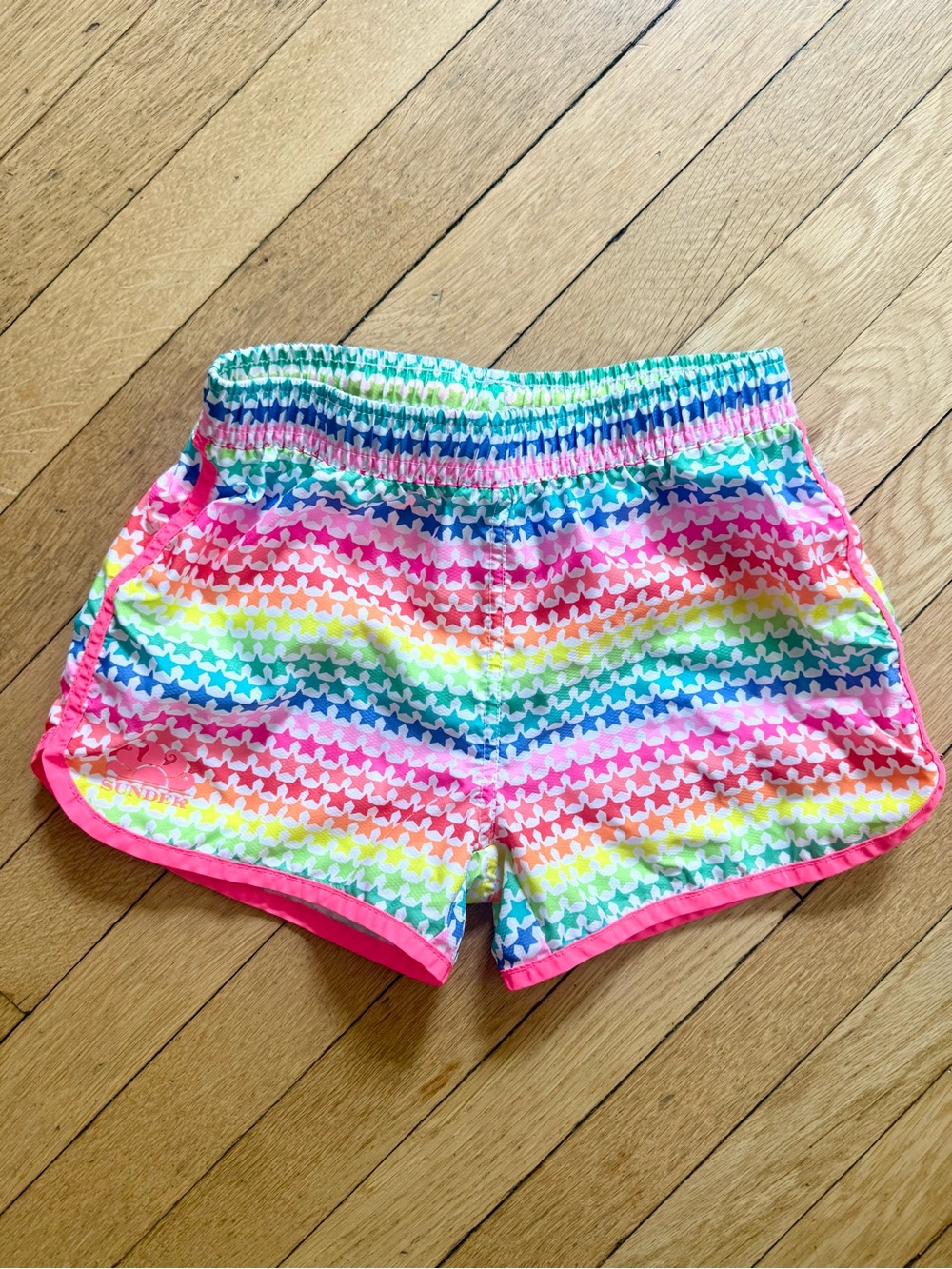 Sundek Girls' Rainbow Star Stripe Shorts with Hot Pink Trim